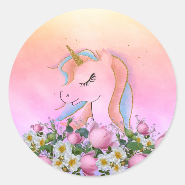 Elegant Flowers,Colourful,Rainbow Unicorn Classic Round Sticker (Front)