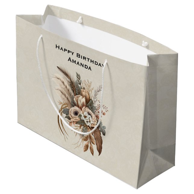 Elegant Flowers Foliage and Feathers Birthday Large Gift Bag (Back Angled)