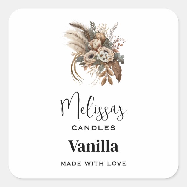 Elegant Flowers Foliage and Feathers Candle Craft Square Sticker (Front)