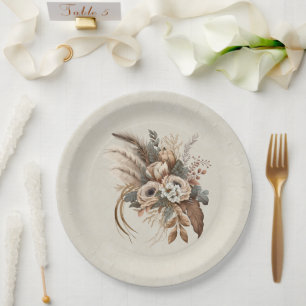 Elegant Flowers Foliage and Feathers Paper Plate