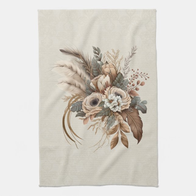 Elegant Flowers Foliage and Feathers Tea Towel (Vertical)