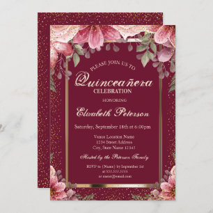Elegant Flowers Frame Confetti  Quinceañera Invitation