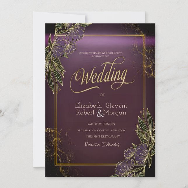 Elegant Flowers Frame Purple Wedding  Invitation (Front)