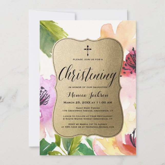 Elegant Flowers Gold | Christening Invitation (Front)