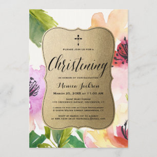 Elegant Flowers Gold   Christening Invitation