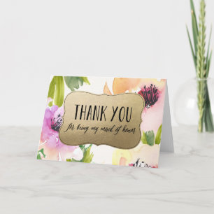 Elegant Flowers Gold Maid Of Honour Thank You Card