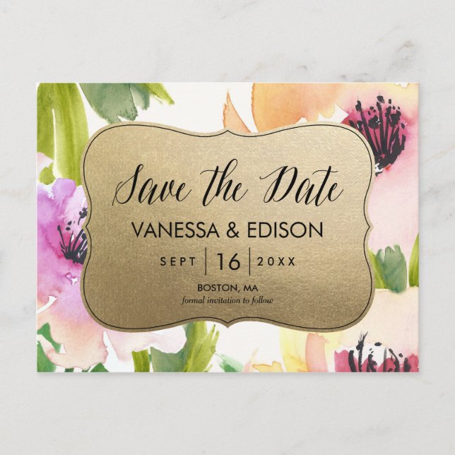 Elegant Flowers Gold | Save the Date Announcement Postcard (Front)