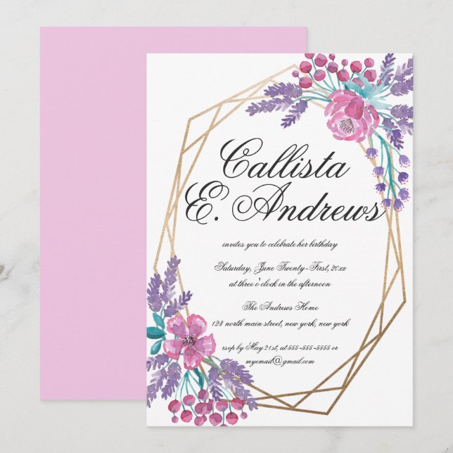 Elegant Flowers Gold Terrarium Watercolor Birthday Invitation (Front/Back)