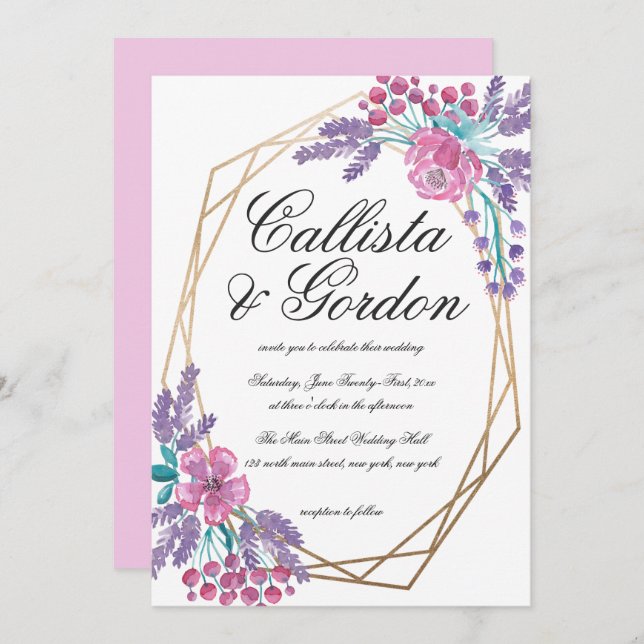Elegant Flowers Gold Terrarium Watercolor Wedding Invitation (Front/Back)