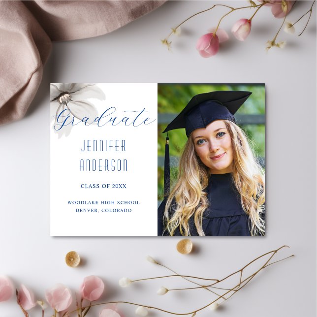 Elegant Flowers Grad Photo Announcement Blue (Creator Uploaded)