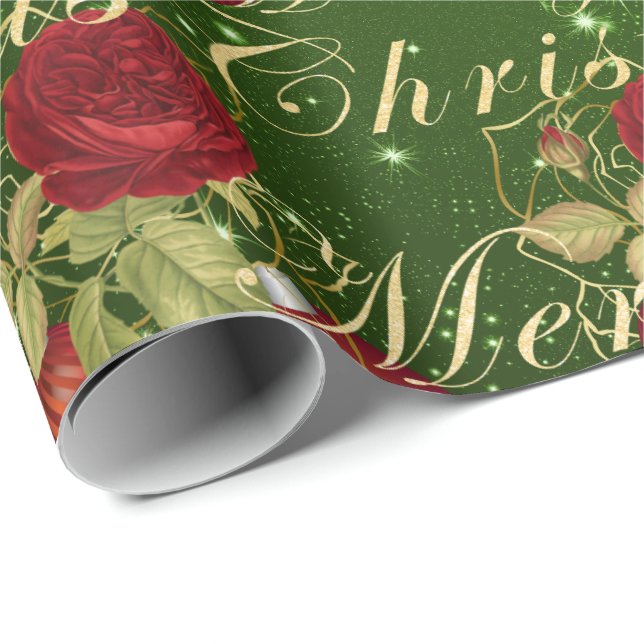 Elegant flowers Merry Christmas gold glitter green Wrapping Paper (Roll Corner)