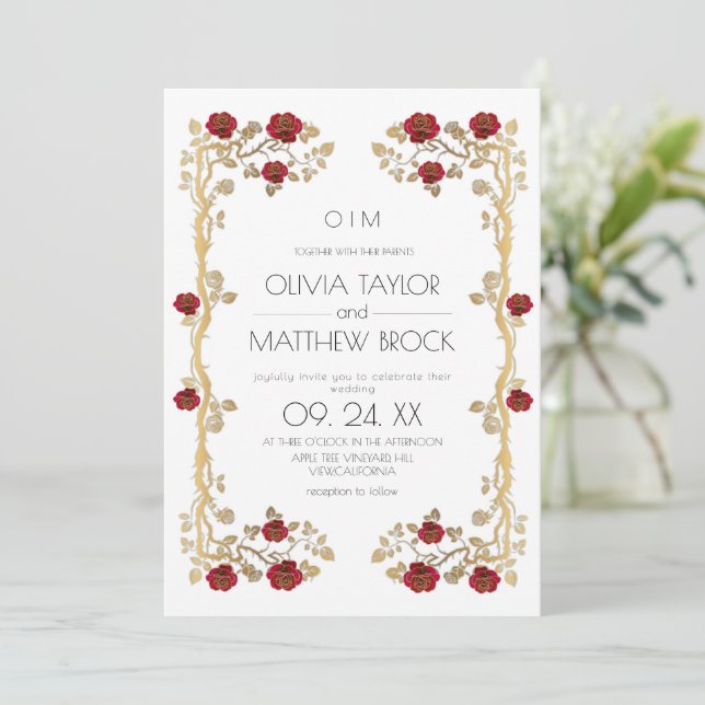 Elegant Flowers Ornate Rose Wedding  Invitation (Standing Front)