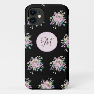 Elegant Flowers Pastel Watercolor Monogram Black Case-Mate iPhone Case