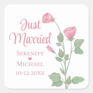 Elegant Flowers Pink Floral Just Married Wedding Square Sticker