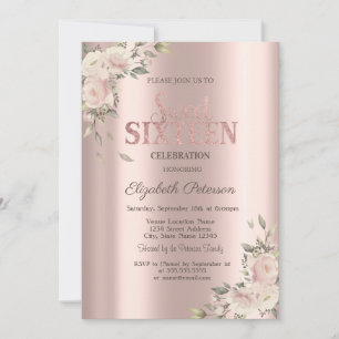 Elegant Flowers Rose Gold Sweet 16 Birthday Invitation