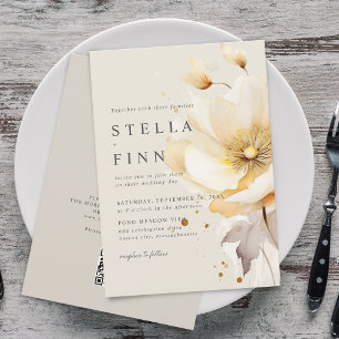 Elegant Flowers White Yellow Gold QR Code Wedding Invitation