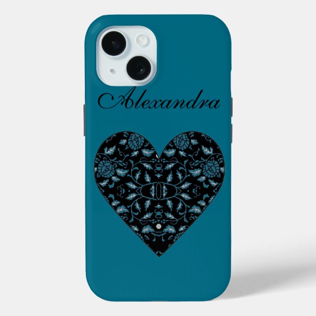 Elegant Flowery Black and Teal Damask Heart Case-Mate iPhone Case (Back)