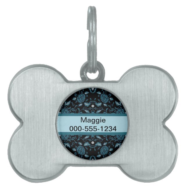 Elegant Flowery Black and Teal Damask Pet Tag (Front)