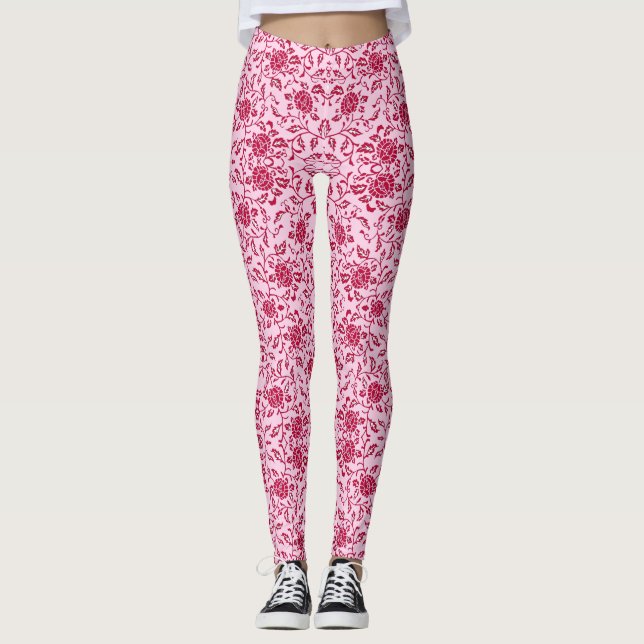 Elegant Flowery Pink and Red Damask Leggings (Front)