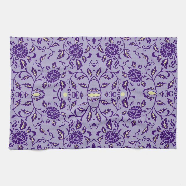 Elegant Flowery Purple Damask Tea Towel (Horizontal)
