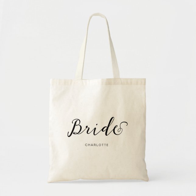 Elegant Flowing Handwritten Script Bride Tote Bag (Front)
