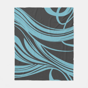 Elegant Flowing Lines in Turquoise on Black Fleece Blanket