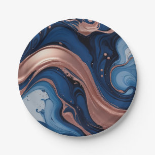 Elegant Fluid Art with Copper and Blue Swirls Paper Plate