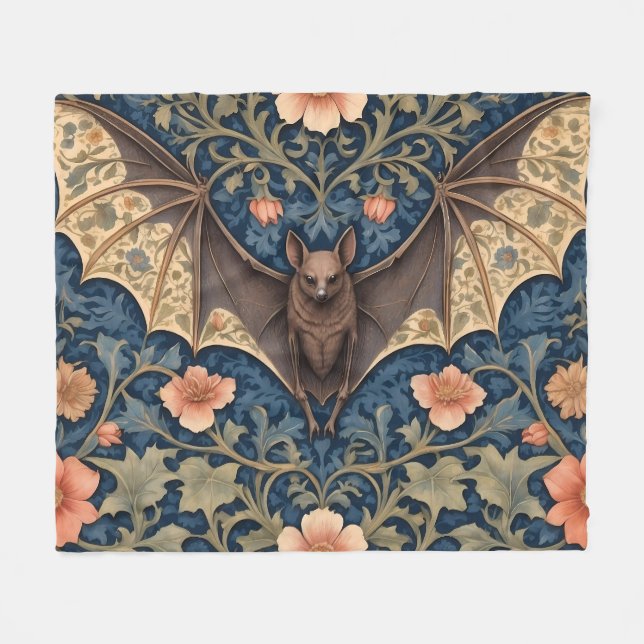 Elegant Flying Bat William Morris Inspired Floral Fleece Blanket (Front (Horizontal))