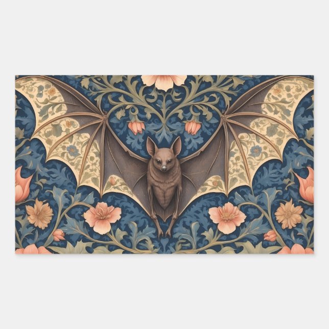 Elegant Flying Bat William Morris Inspired Floral Rectangular Sticker (Front)