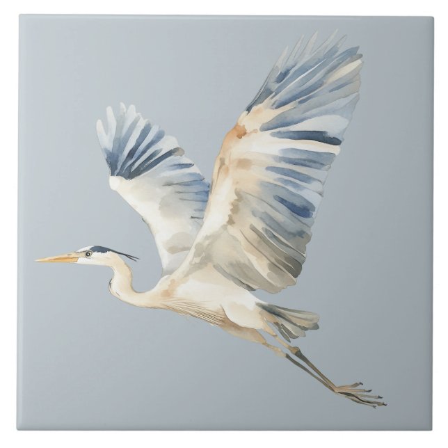 Elegant Flying Heron Dusty Blue Tile (Front)