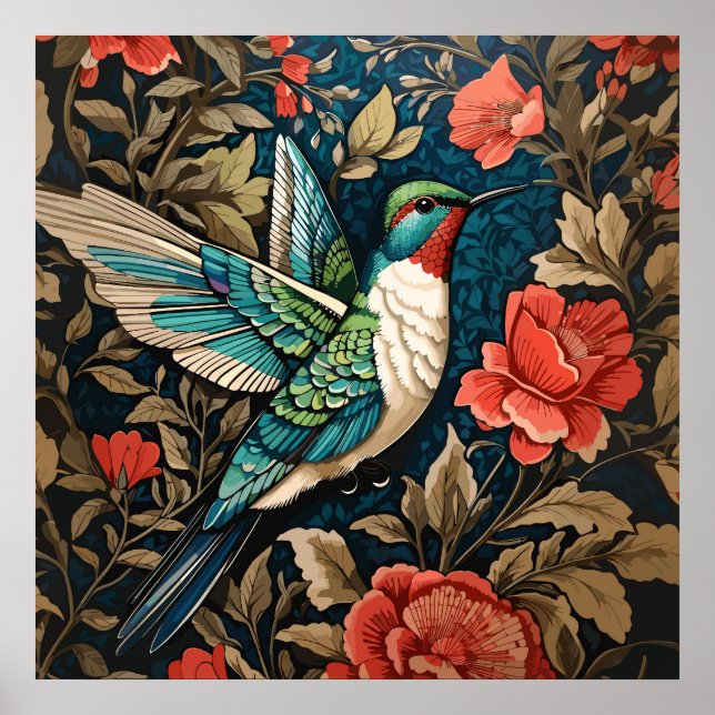 Elegant Flying Hummingbird William Morris Inspired Poster (Front)
