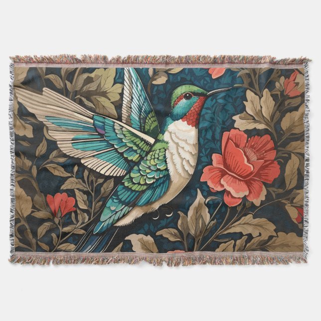 Elegant Flying Hummingbird William Morris Inspired Throw Blanket (Front)