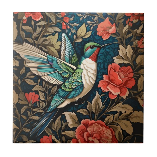 Elegant Flying Hummingbird William Morris Inspired Tile (Front)