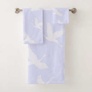 Elegant Flying White Cranes Lavender Summer Bath Towel Set