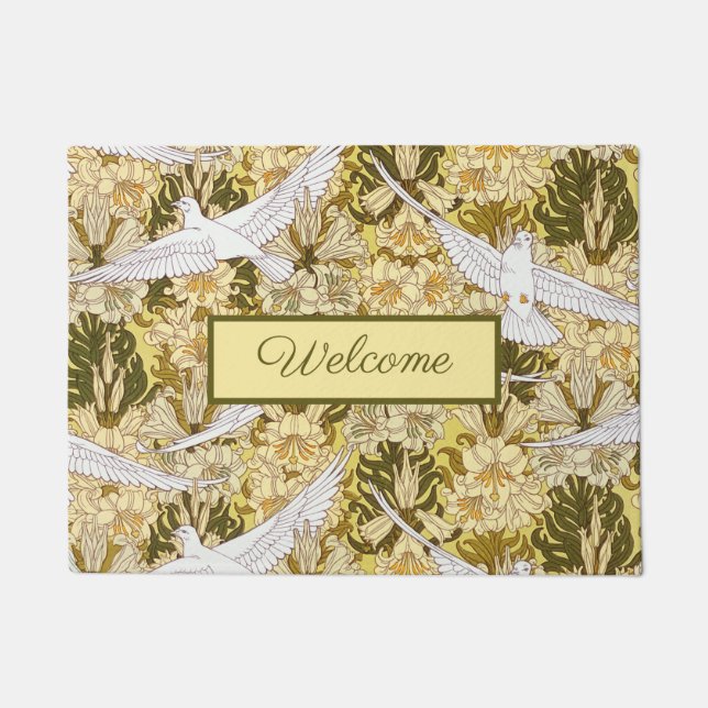 Elegant Flying White Doves Green Foliage Doormat (Front)