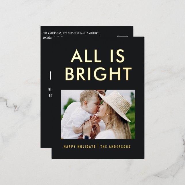 elegant foil 1 photo modern foil holiday postcard (Front/Back)