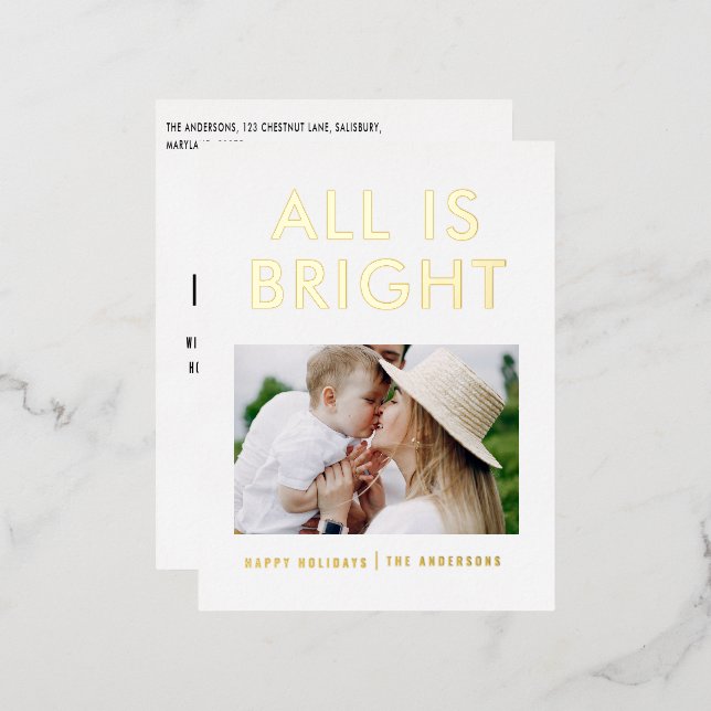 elegant foil 1 photo modern foil holiday postcard (Front/Back)