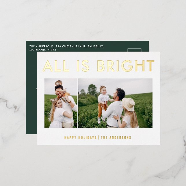 elegant foil 2 photo modern foil holiday postcard (Front/Back)