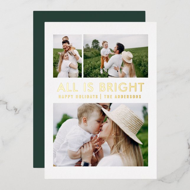 elegant foil 3 photo modern foil holiday card (Front/Back)