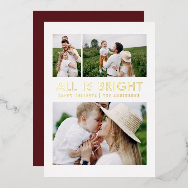 elegant foil 3 photo modern foil holiday card (Front/Back)