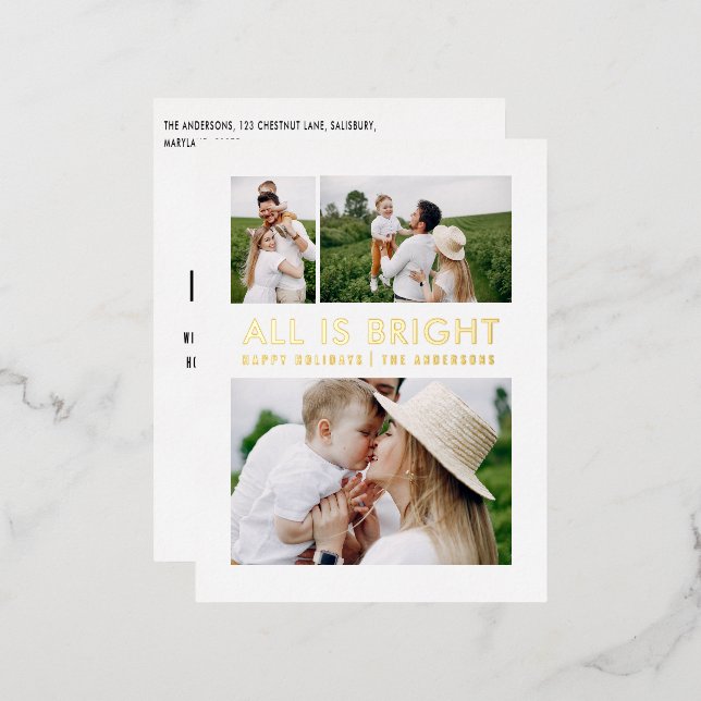 elegant foil 3 photo modern foil holiday postcard (Front/Back)