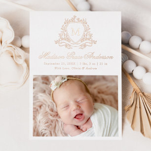 Elegant Foil Crest Monogram Birth Announcement