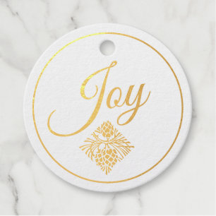 Elegant Foil "Joy with Pinecone" Christmas White Favour Tags