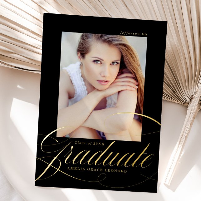 Elegant Foil Script Black Graduation Announcement (Creator Uploaded)