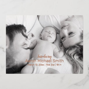 Elegant Foil Script Black & White Birth Postcard