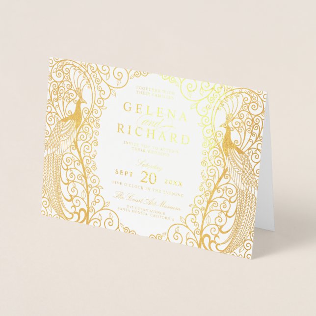 Elegant Folded Art Deco Peacock Wedding Invitation (Front)