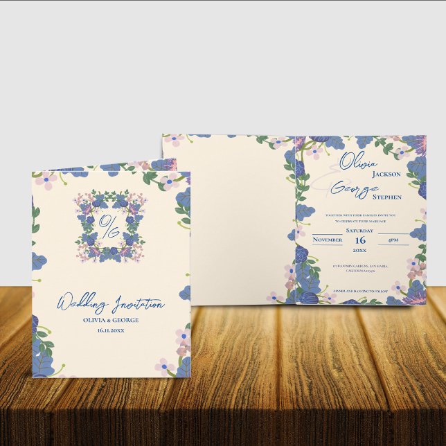 Elegant Folded Blue Purple Floral Monogram Wedding Invitation (Elegant Folded Blue Purple Floral Monogram Wedding Invitation)