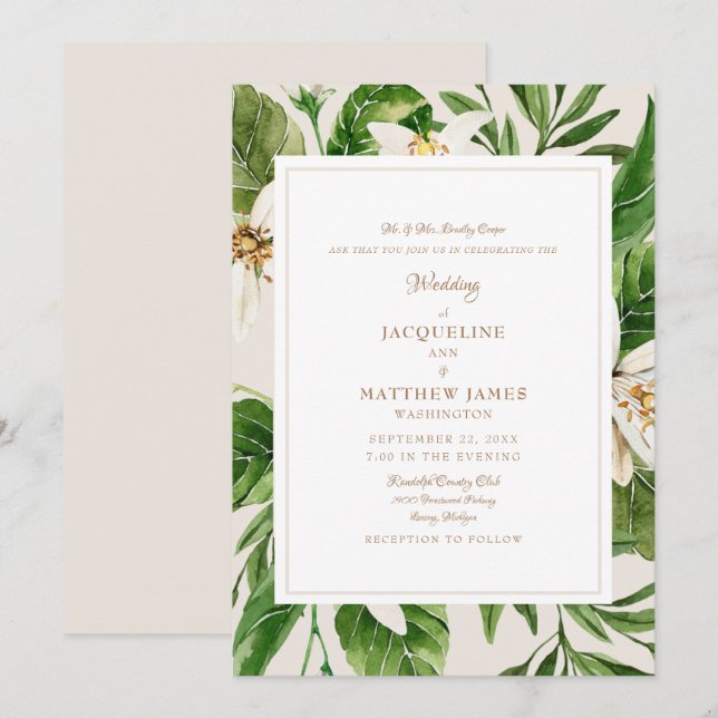 Elegant  Foliage Bride Parents Cream & Gold  Invitation (Front/Back)