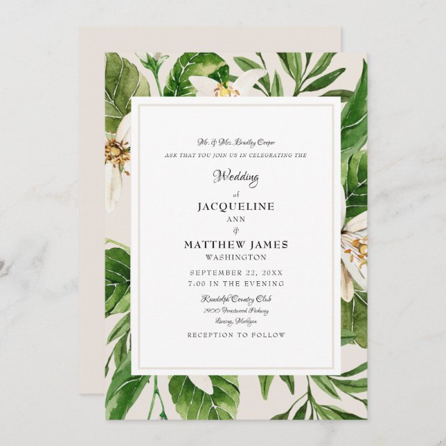 Elegant  Foliage Bride Parents Cream Wedding  Invitation (Front/Back)