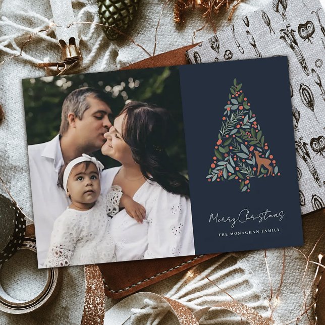Elegant Foliage Christmas Tree | Navy | Photo  Holiday Card (Creator Uploaded)